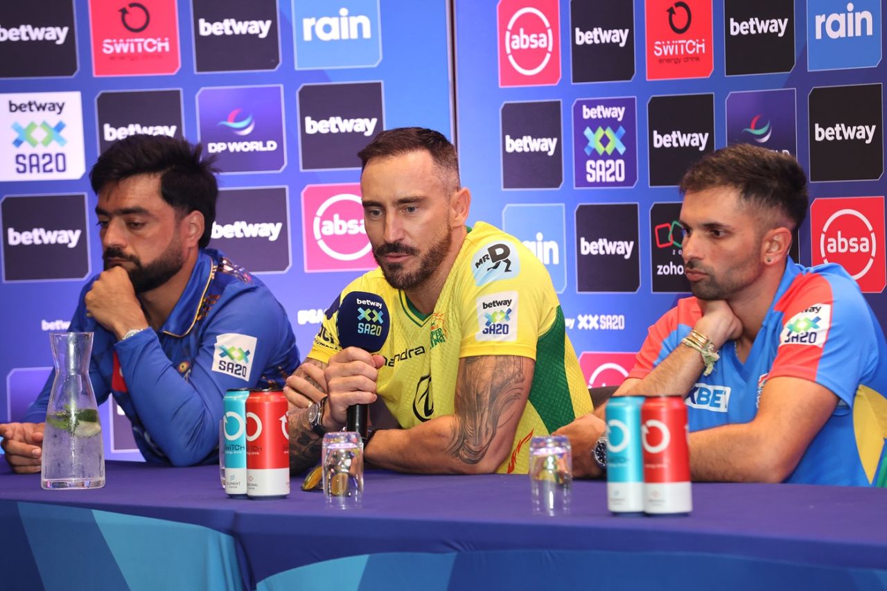 Rashid Khan, Faf du Plessis, and Keshav Maharaj speak to the media ahead of the start of the SA20, Cape Town, January 8, 2025