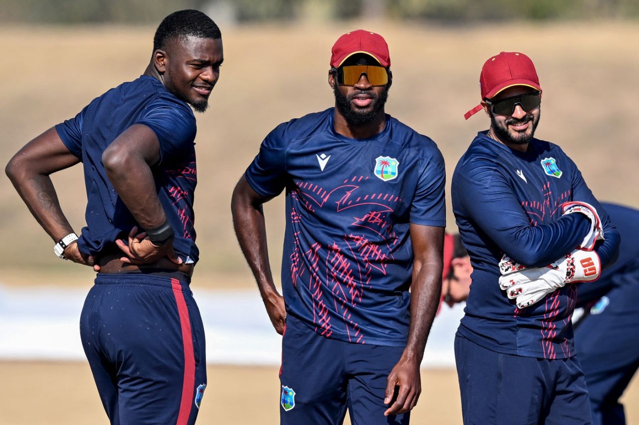 Jayden Seales (L), Anderson Phillip (C) and Amir Jangoo attend a practice session, Pakistan vs West Indies, Islamabad, January 9, 2025