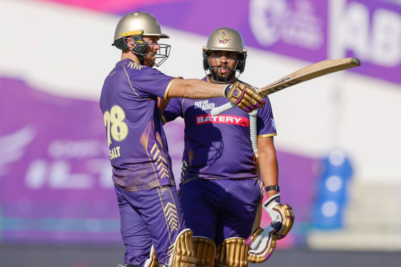 Phil Salt and Alishan Sharafu rebuilt for Abu Dhabi Knight Riders with a stand of 86 off 60, Abu Dhabi Knight Riders vs Desert Vipers, ILT20 2025, Abu Dhabi, January 12, 2025