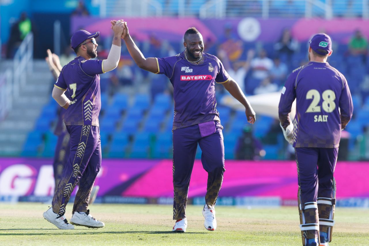 After putting on the finishes touches with the bat, Andre Russell struck the first blow with the ball, Abu Dhabi Knight Riders vs Desert Vipers, ILT20 2025, Abu Dhabi, January 12, 2025