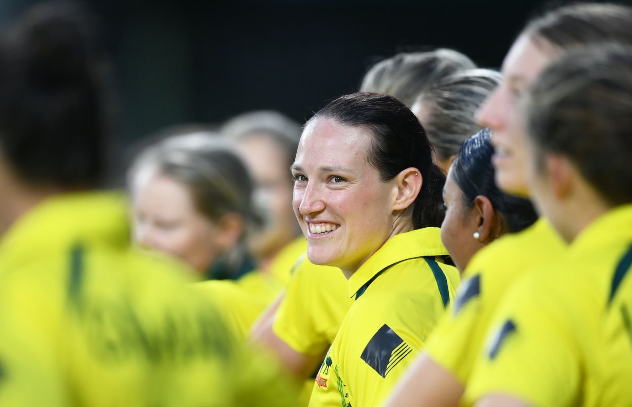 Megan Schutt looks on from the dugout, Australia vs Bangladesh, Women's T20 World Cup, Gqeberha, February 14, 2023