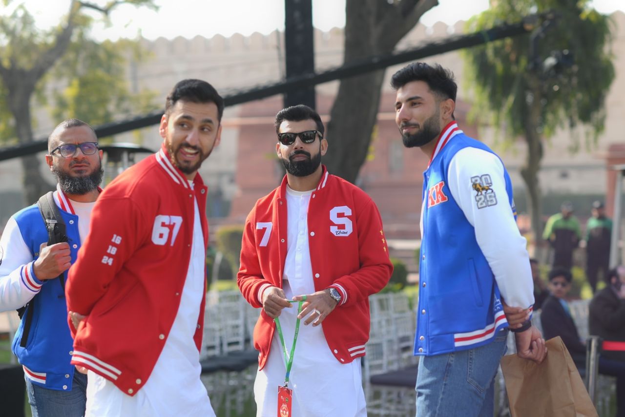 Salman Agha, Shadab Khan and Irfan Khan chat on the sidelines of the PSL draft, Lahore, January 13, 2025