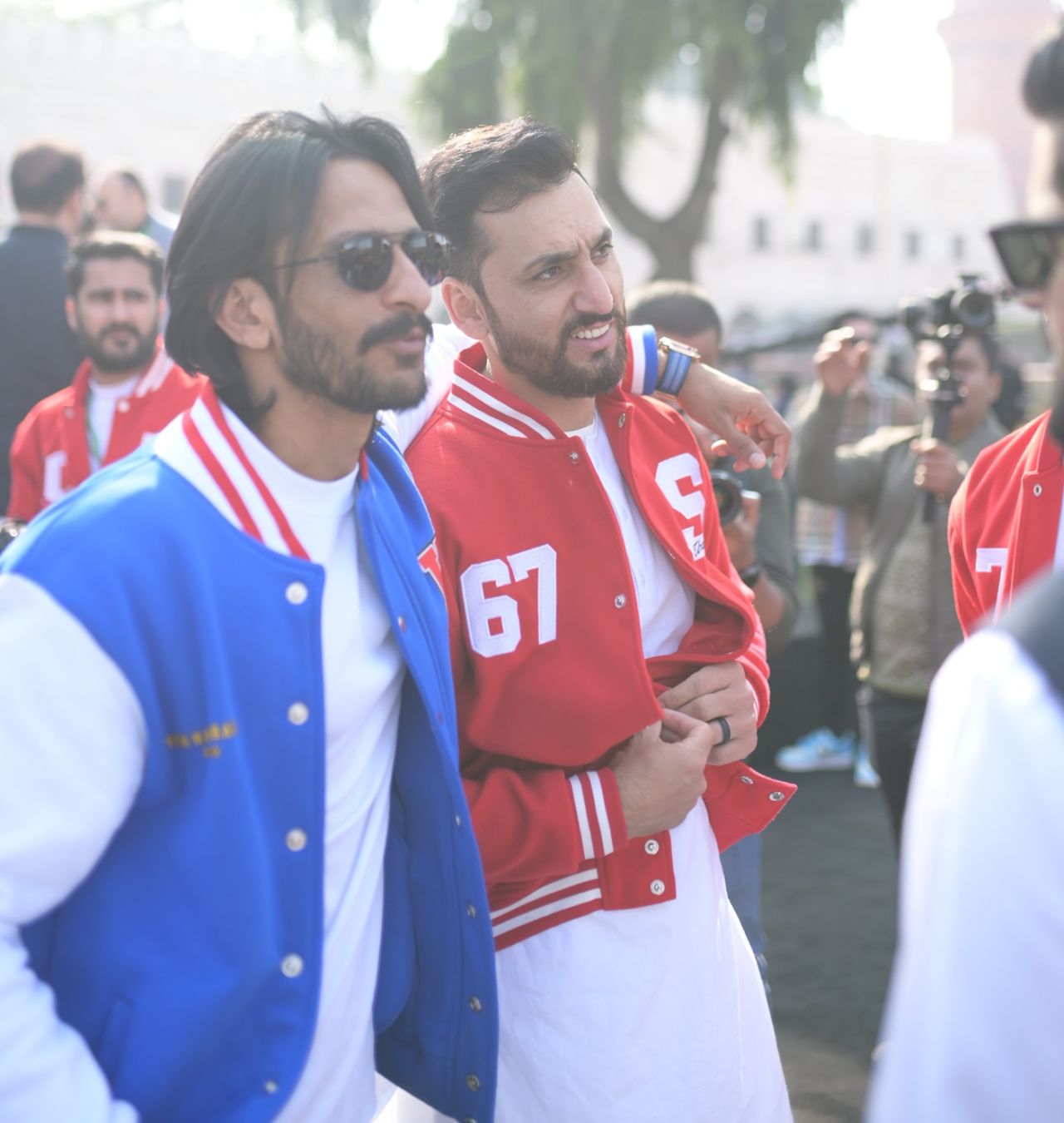 Salman Agha and Hasan Ali catch up on the sidelines of the PSL draft, Lahore, January 13, 2025