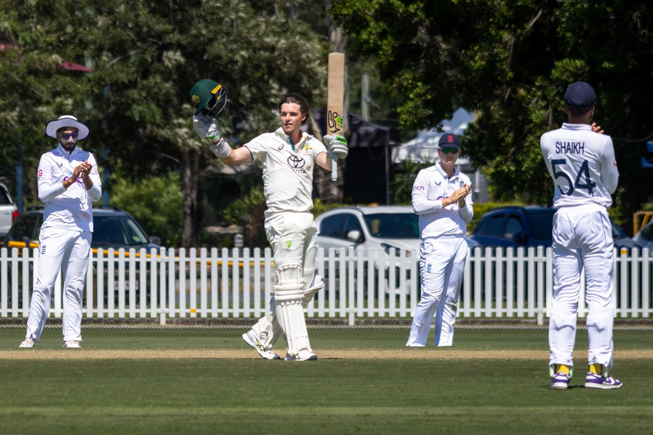 Tim Ward acknowledges reaching his hundred, Cricket Australia XI vs England Lions, 3rd day, Brisbane, January 17, 2025