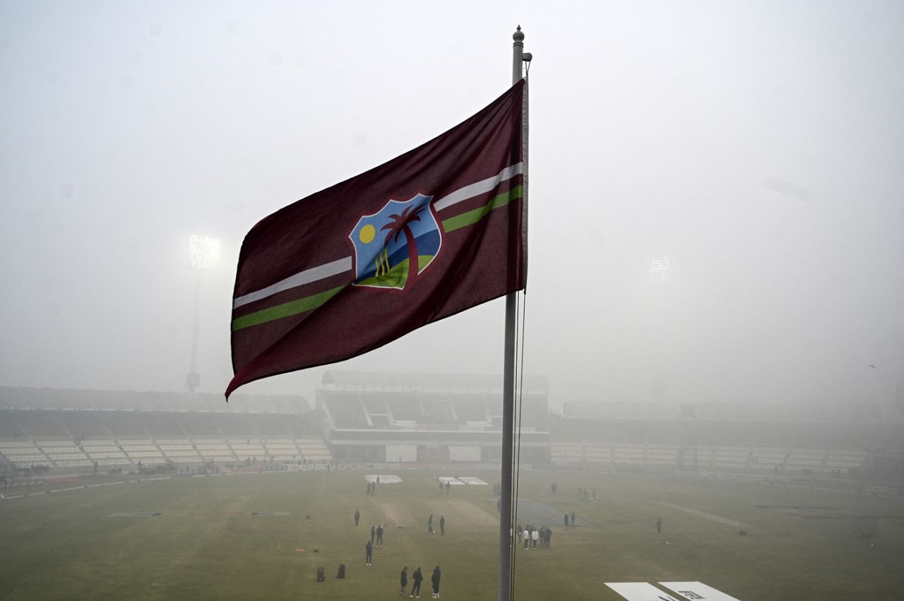 A West Indies flag flies high in the fog, Pakistan vs West Indies, 1st Test, day one, Multan, January 17, 2025