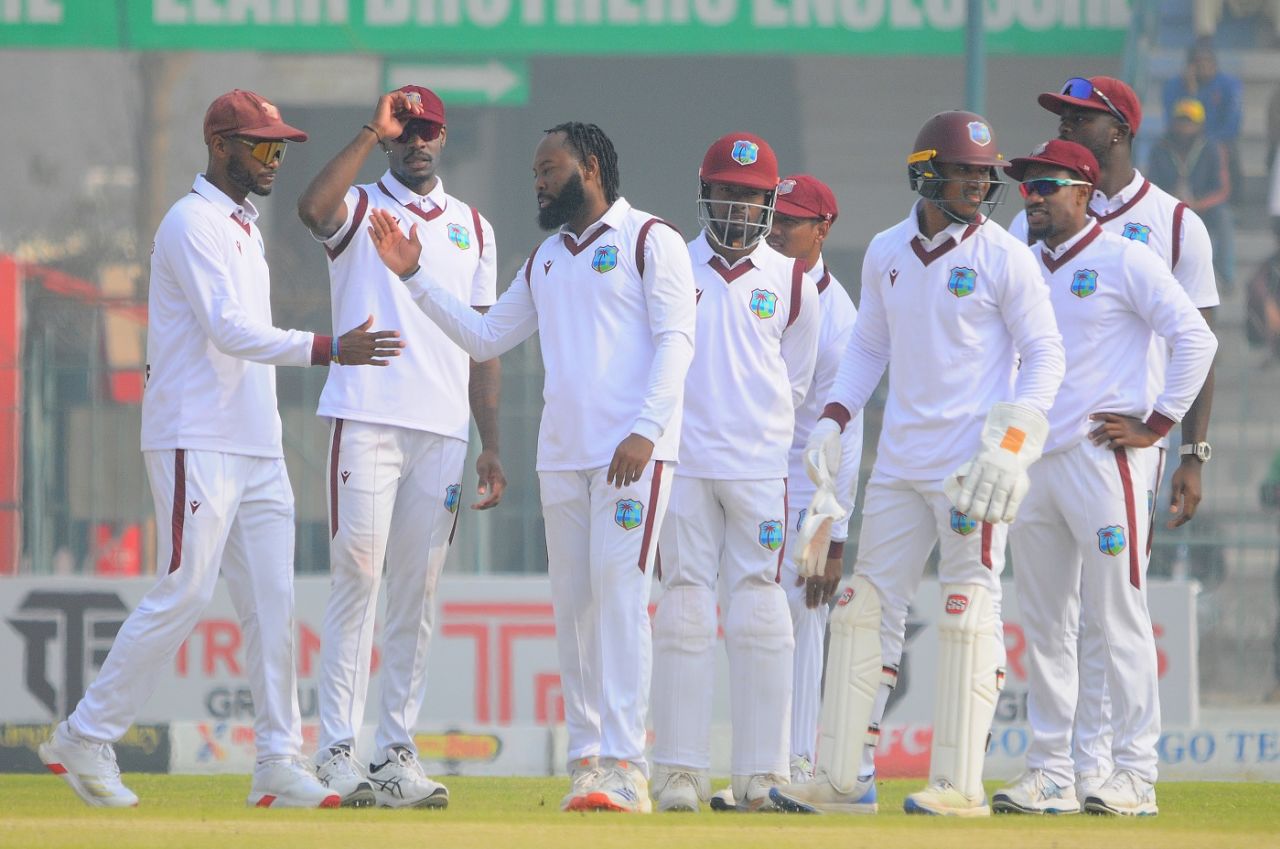 Jomel Warrican and Co celebrate Salman Agha's wicket, Pakistan vs West Indies, 1st Test, day two, Multan, January 18, 2025