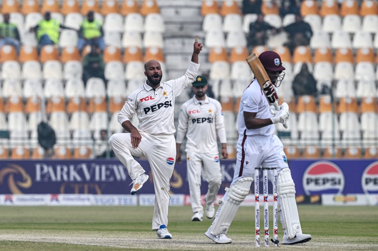 Sajid Khan celebrates after taking the wicket of Keacy Carty, West Indies vs Pakistan, 1st Test, day three, Multan, January 19, 2025