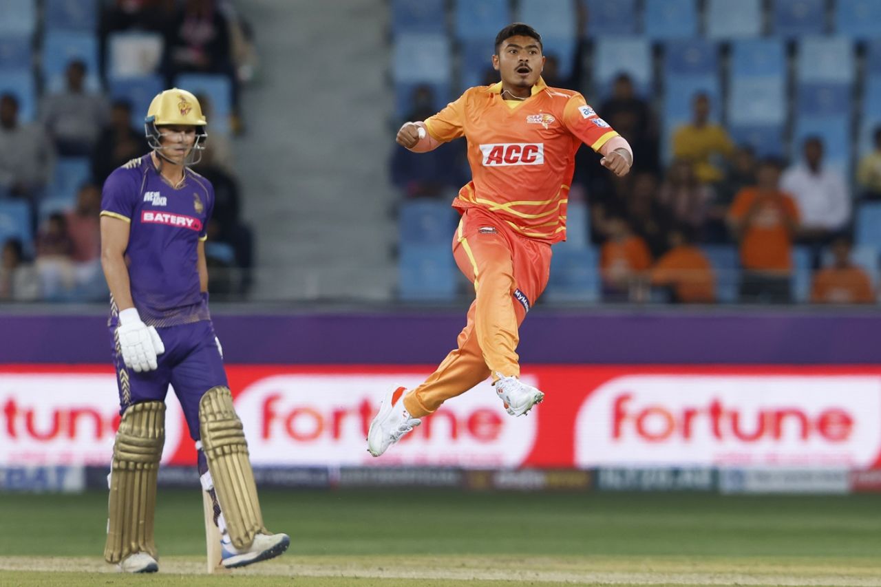Aayan Afzal Khan leaps in joy, Abu Dhabi Knight Riders vs Gulf Giants, ILT20, Dubai, January 19, 2025