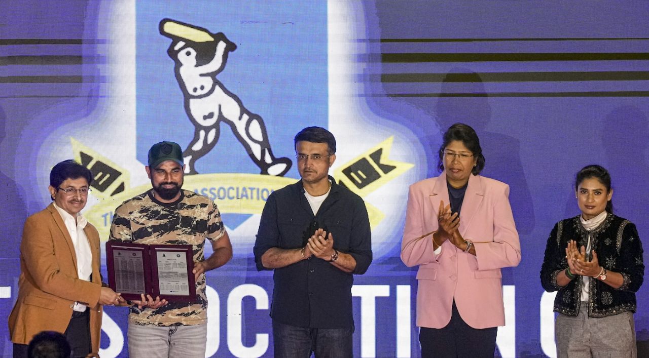 CAB president Snehasish Ganguly, Mohammed Shami, Sourav Ganguly, Jhulan Goswami and Mithali Raj at a felicitation ceremony, Kolkata, January 20, 2025