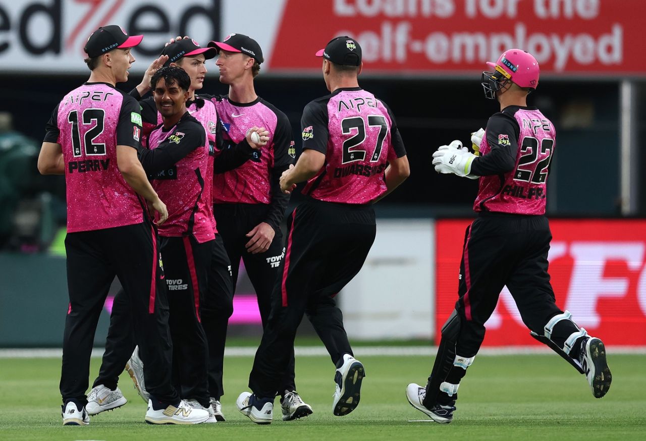Jafer Chohan celebrates with his team-mates, Hobart Hurricanes vs Sydney Sixers, BBL 2024-25, Qualifier, Hobart, January 21, 2025