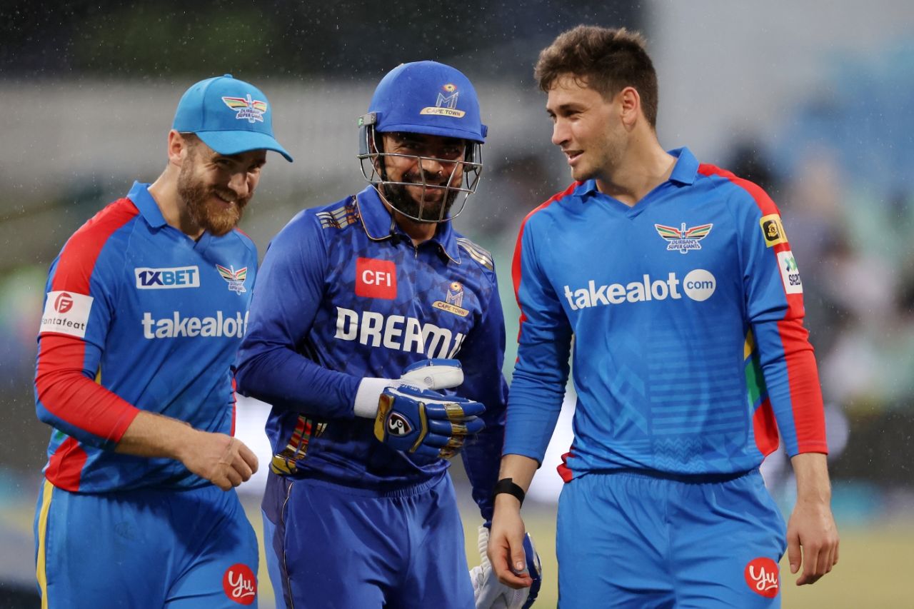 Rain sends Kane Williamson, Rashid Khan and Noor Ahmad off the field, Durban's Super Giants vs MI Cape Town, SA20 2025, Durban, January 21, 2025