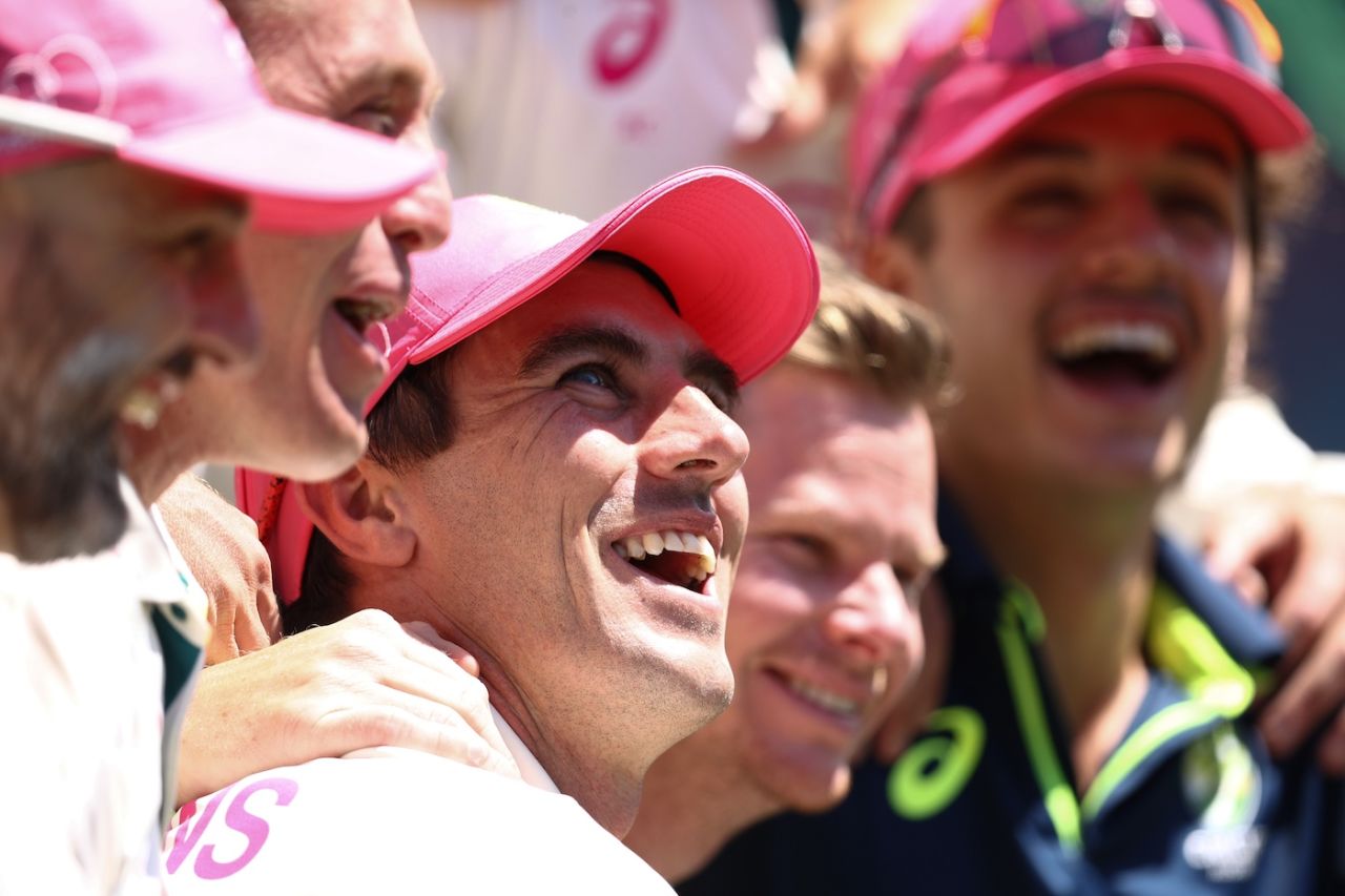 Pat Cummins celebrates with his team after winning the Border-Gavaskar Trophy, Australia vs India, 5th Test, Sydney, 3rd day, January 5, 2024
