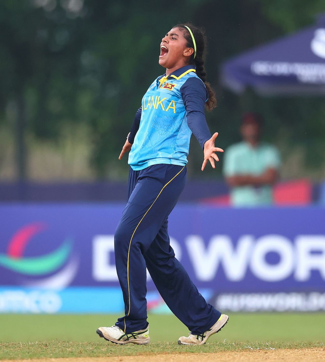 Pramudi Methsara is pumped after getting a wicket, India vs Sri Lanka, Women's Under-19 T20 World Cup 2025, Kuala Lumpur, January 23, 2025
