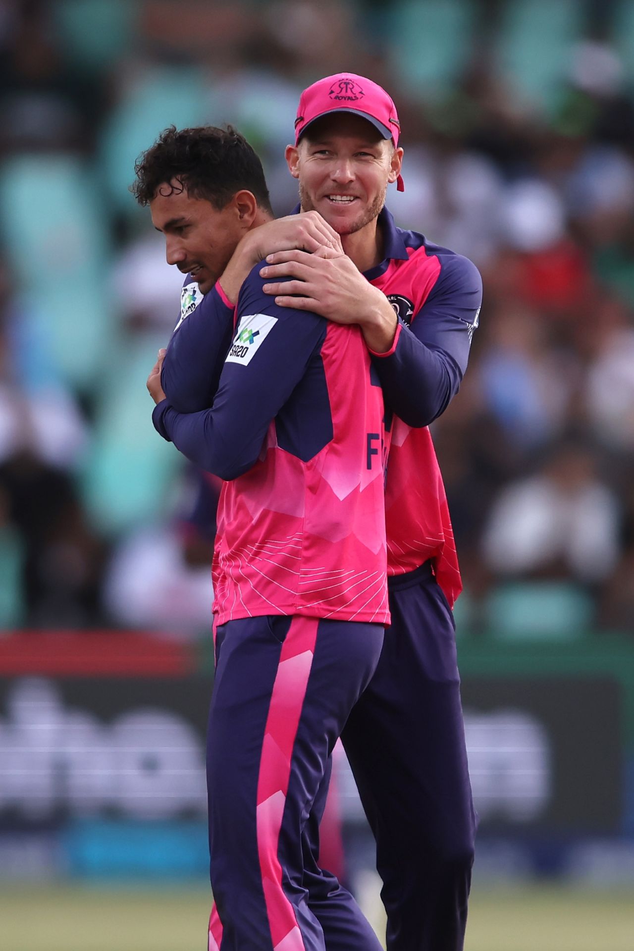 David Miller congratulates Bjorn Fortuin for dismissing Matthew Breetzke, Durban's Super Giants vs Paarl Royals, SA20 2025, Durban, January 23, 2025