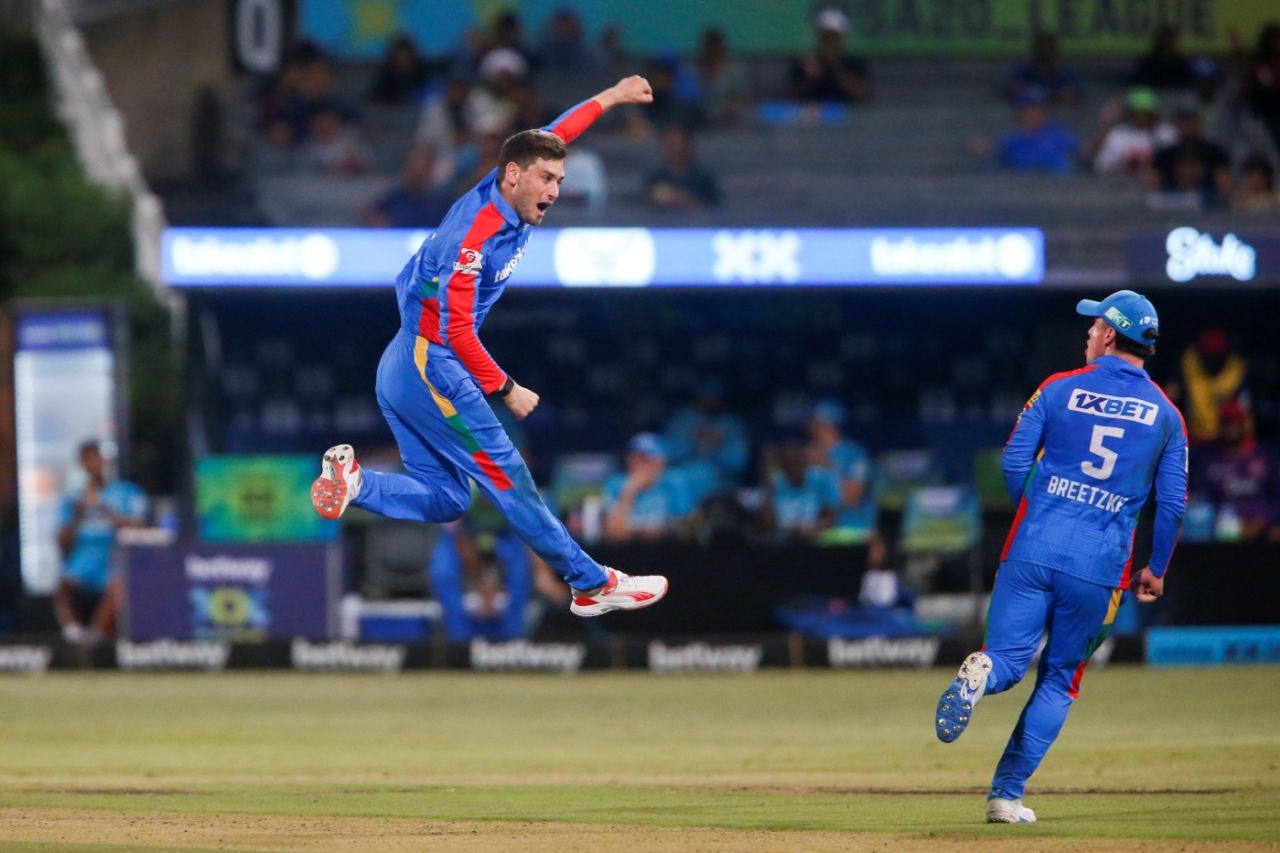 Noor Ahmad exults after dismissing Rubin Hermann, Durban's Super Giants vs Paarl Royals, SA20 2025, Durban, January 23, 2025