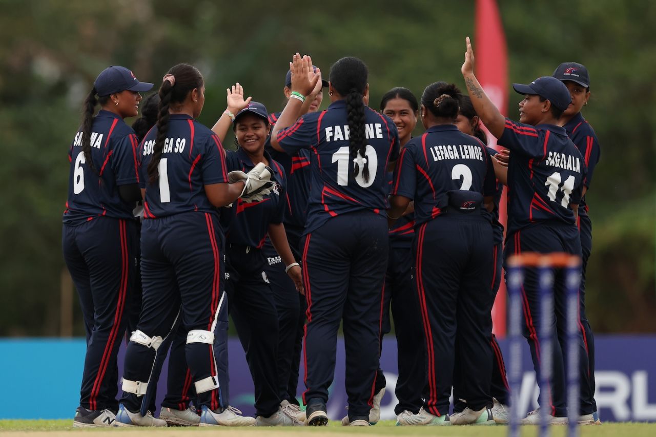The Samoa players celebrate a wicket, Pakistan vs Samoa, Women's Under-19 T20 World Cup 2025, Johor, January 24, 2025