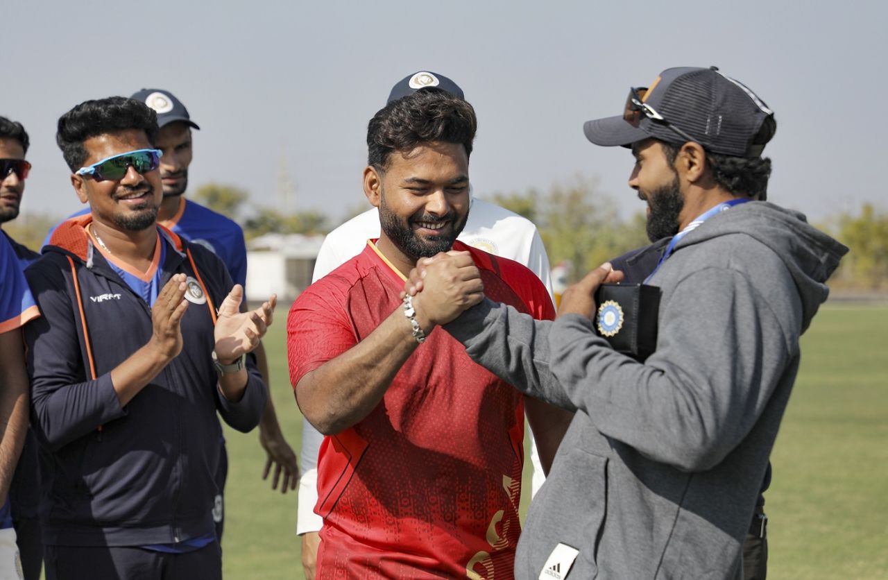 Rishabh Pant and Ravindra Jadeja, Player of the Match, catch up after the game, Saurashtra vs Delhi, Rajkot, 2nd day, Ranji Trophy 2024-25, January 24, 2025