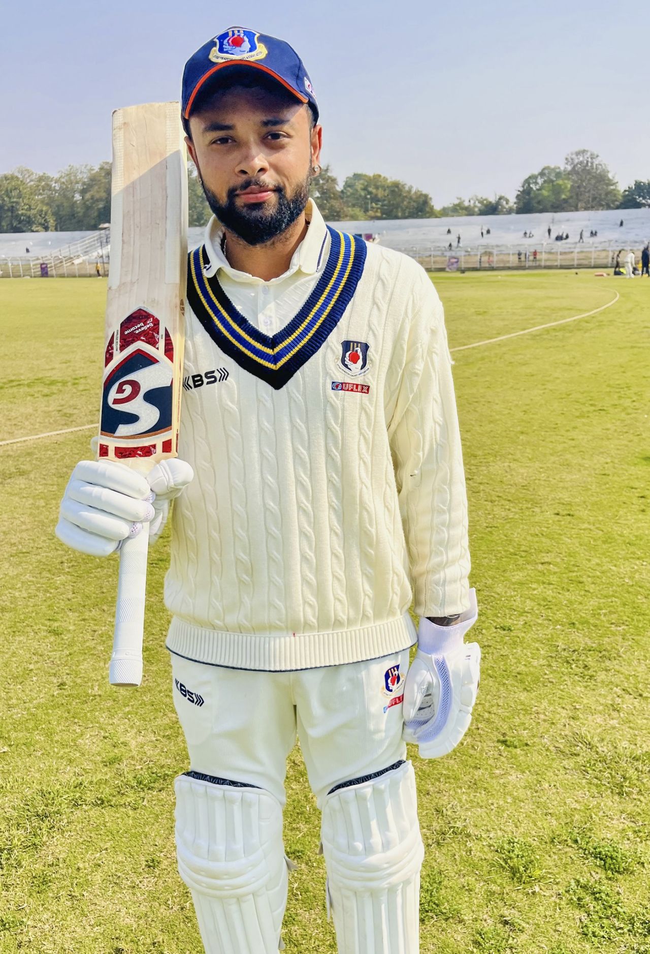 Karan Sharma poses after scoring 118 not out, Bihar vs Uttar Pradesh, Ranji Trophy, day 3, Patna, January 25, 2025