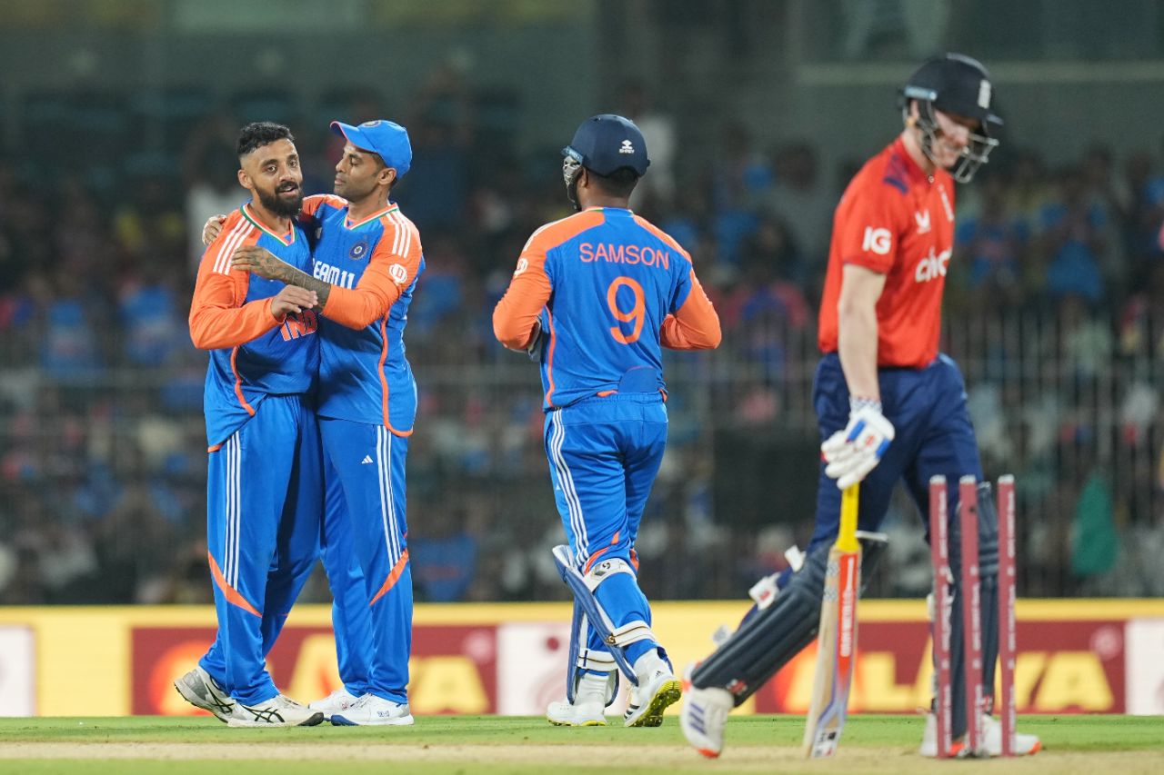 Varun Chakravarthy bowled Harry Brook for his first international wicket at his home ground, Chepauk, India vs England, 2nd T20I, Chennai, January 25, 2025