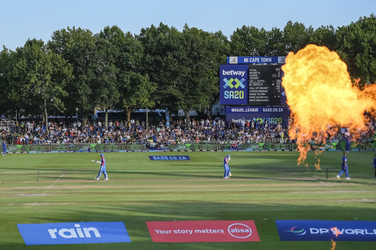A fireball goes up during an SA20 game at Cape Town, Durban's Super Giants vs MI Cape Town, SA20, Cape Town, January 25, 2025