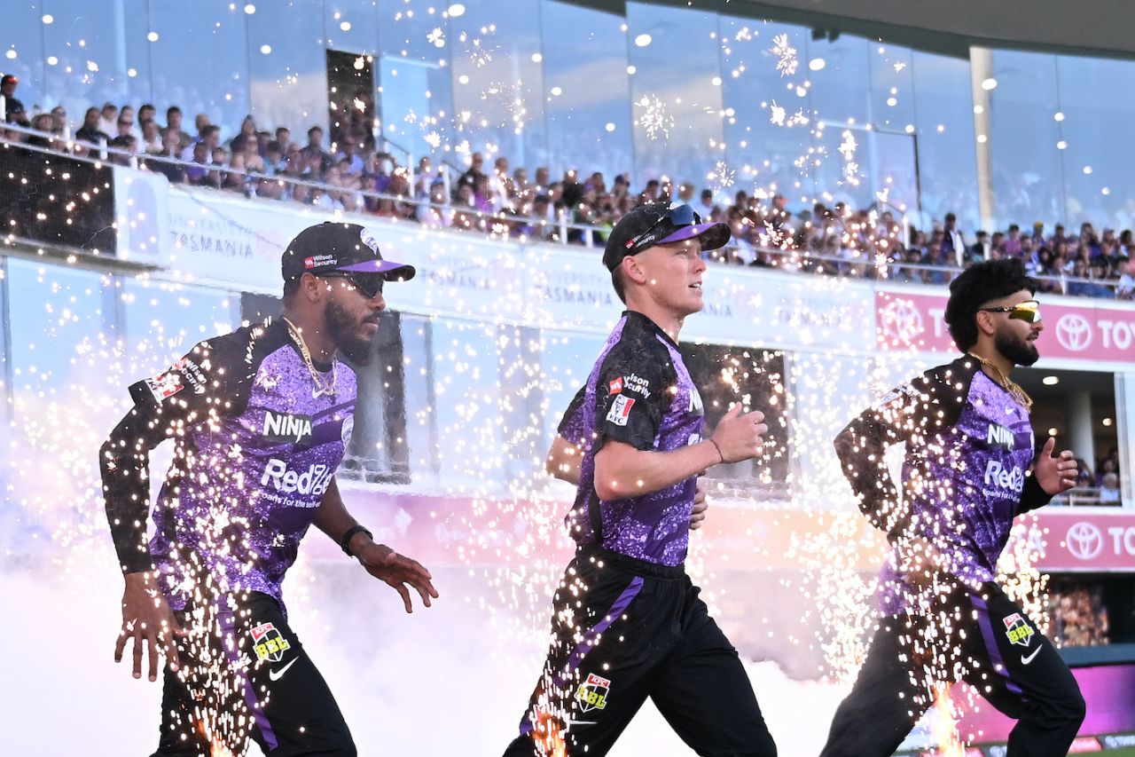 Nathan Ellis, Chris Jordan, and Nikhil Chaudhary charge out among the fireworks in Hobart, Hobart Hurricanes vs Sydney Thunder, BBL final, Hobart, January 27, 2025
