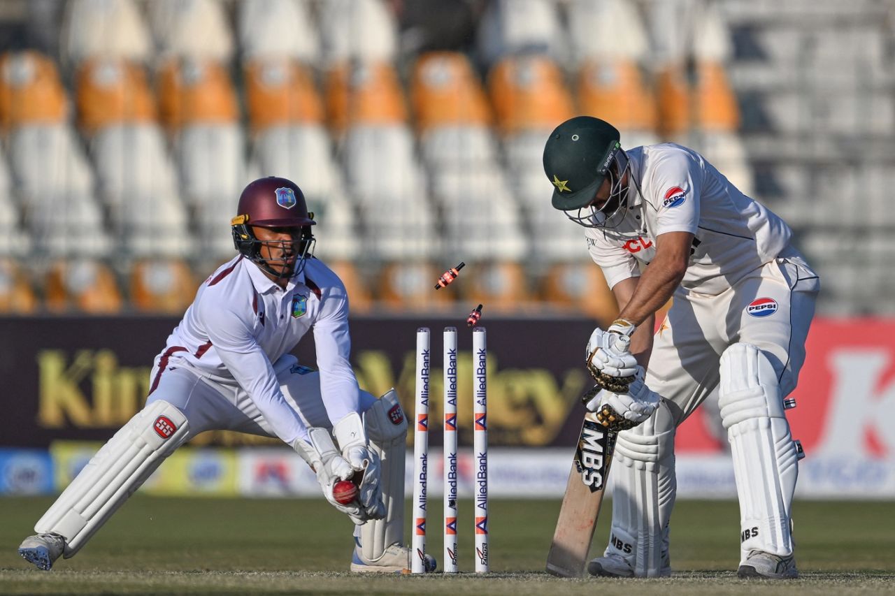 Salman Agha is cleaned up, Pakistan vs West Indies, 2nd Test, day one, Multan, January 25, 2025