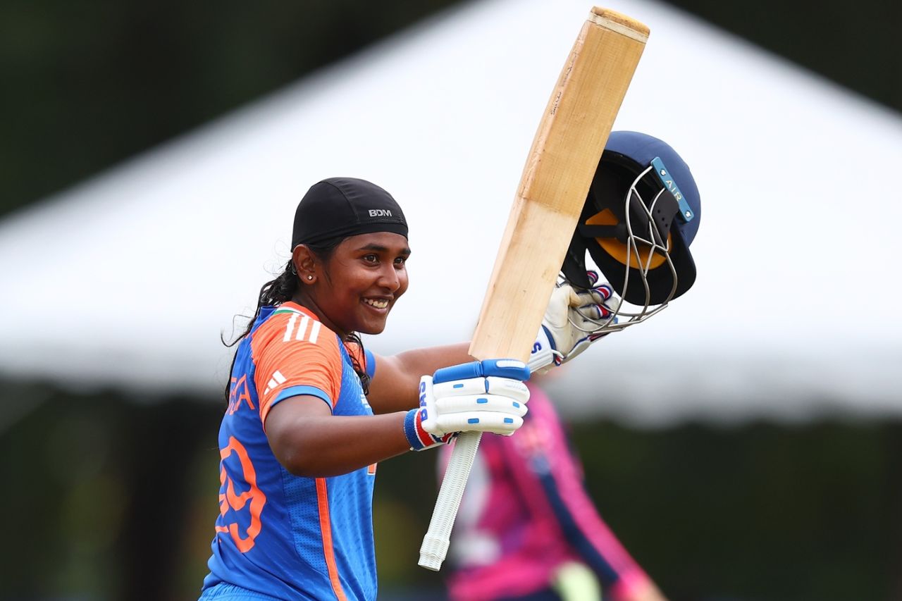 Gongadi Trisha of India celebrates the first ton in the history of the Under-19 Women's T20 World Cup, India vs Scotland, Group 1 Super Six, ICC Under-19 Women's T20 World Cup 2025, Kuala Lumpur, January 28, 2025