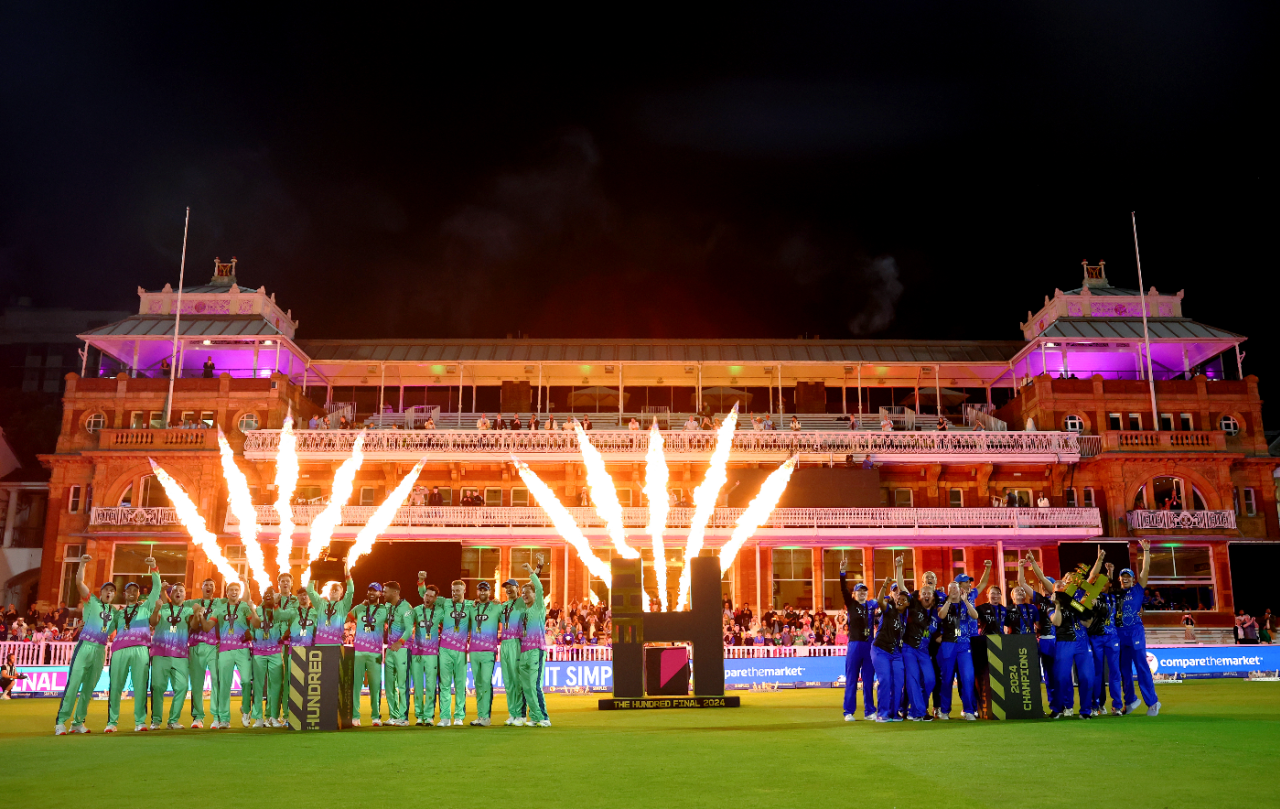 Oval Invincibles and London Spirit parade their trophies after the 2024 Hundred finals, Oval Invincibles vs Southern Brave, Men's Hundred final, Lord's, August 18, 2024