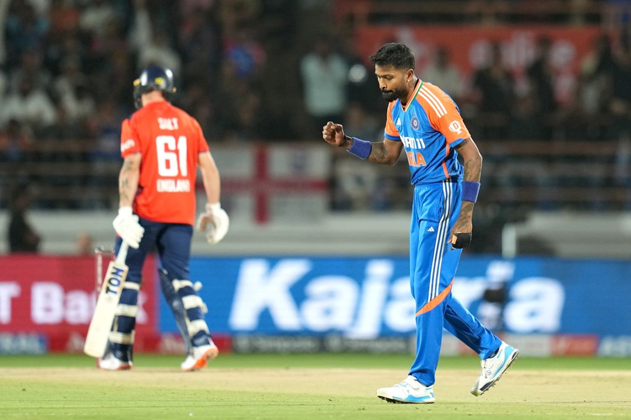 Hardik Pandya dismissed Phil Salt in his first over, India vs England, 3rd T20I, Rajkot, January 28, 2025