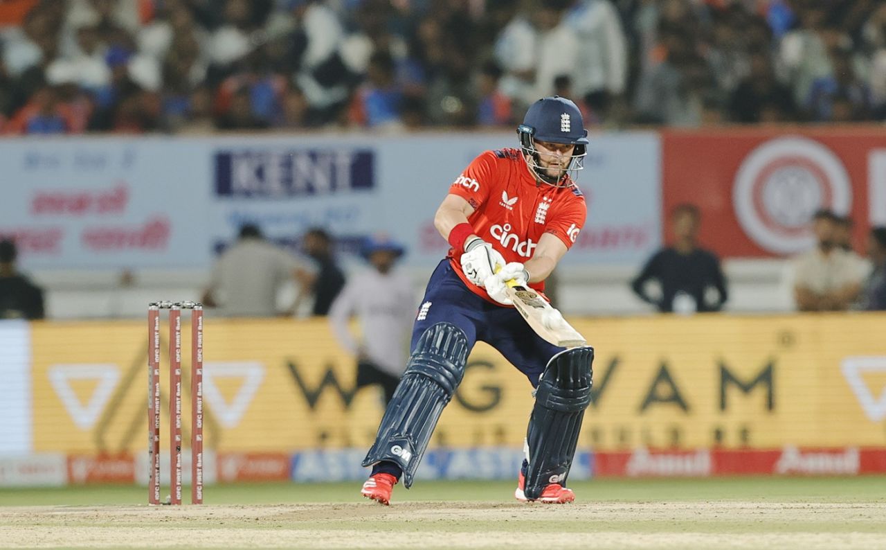 Ben Duckett shapes to ramp the ball away, India vs England, 3rd T20I, Rajkot, January 28, 2025