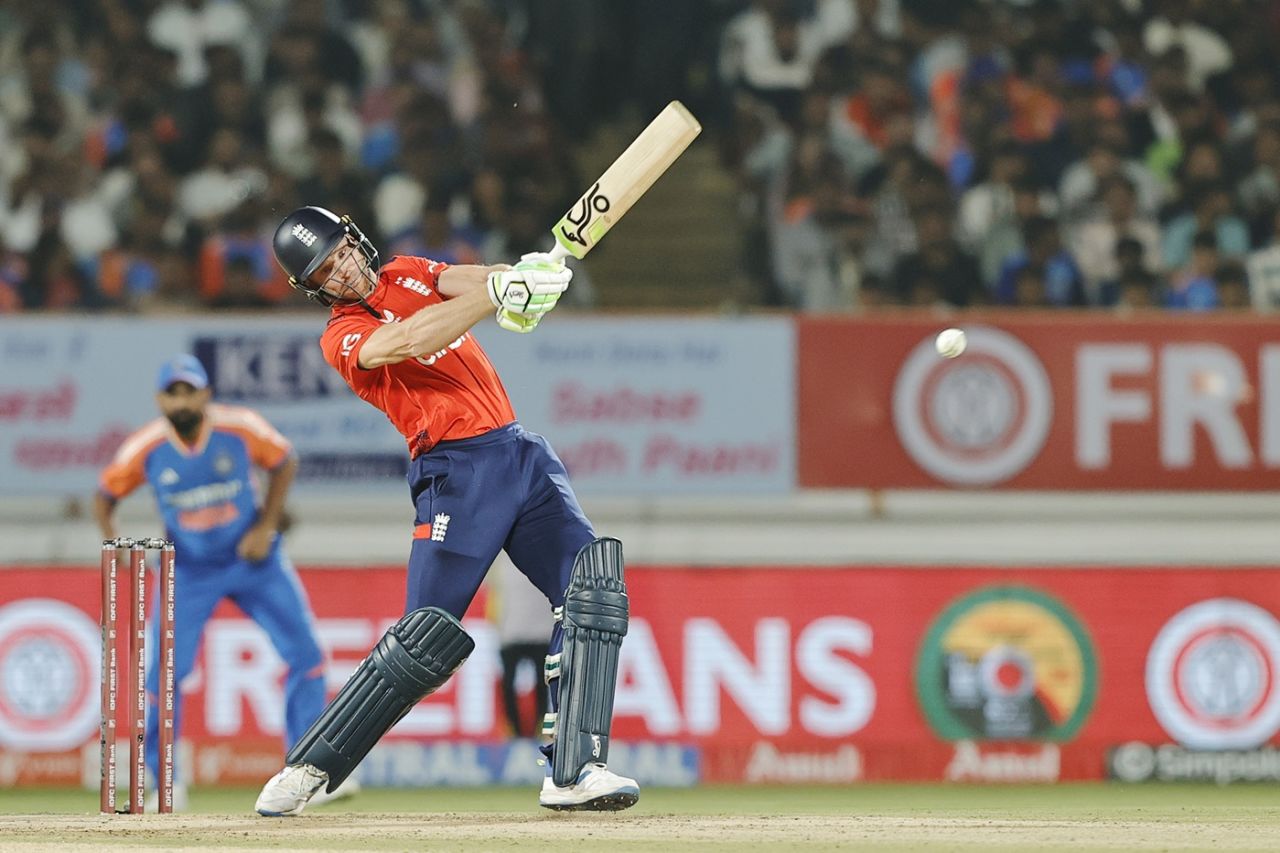 Jos Buttler slogs the ball into the leg side, India vs England, 3rd T20I, Rajkot, January 28, 2025