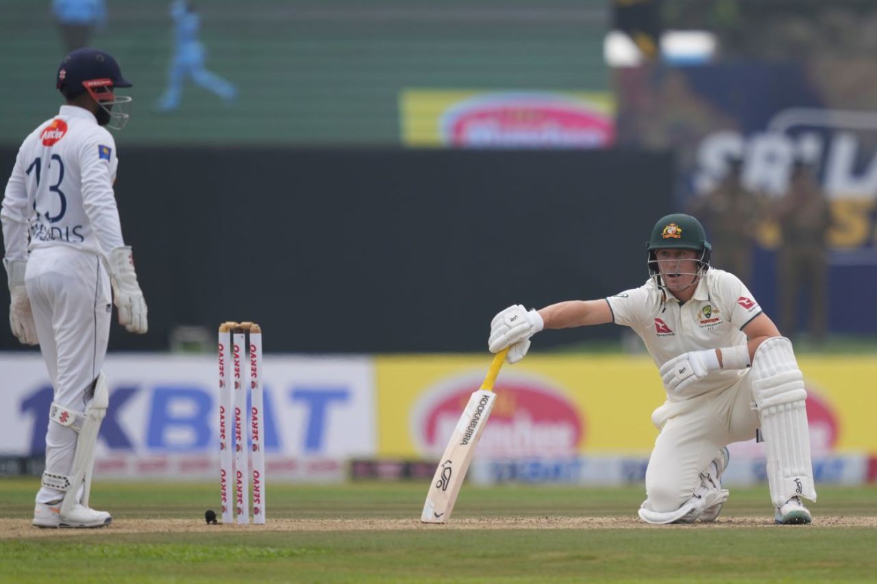 Marnus Labuschagne reacts after a close call, Sri Lanka vs Australia, 1st Test, Galle, 1st day, January 29, 2025