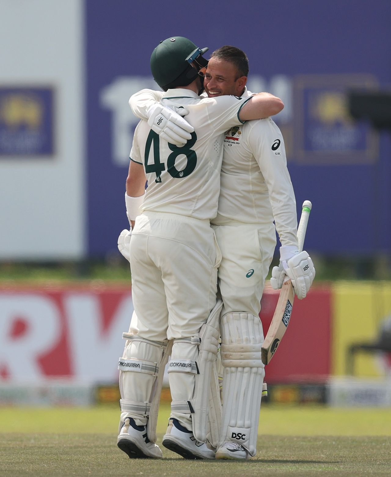 Usman Khawaja embraces Josh Inglis after bringing up double ton, Sri Lanka vs Australia, 1st Test, Galle, 2nd day, January 30, 2025