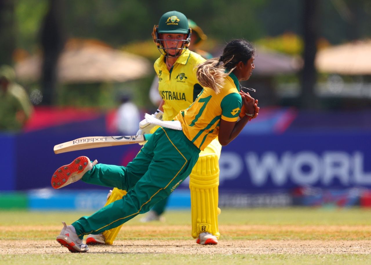 Seshnie Naidu takes a caught and bowled, Australia vs South Africa, Women's Under-19 T20 World Cup semi-final, Bayumeas Oval, Kuala Lumpur, January 31, 2025
