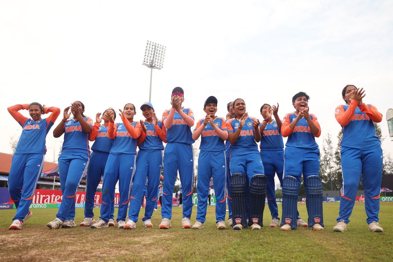 The victorious Indian team after the semi-final, England vs India, Women's Under-19 T20 World Cup semi-final, Bayumeas Oval, Kuala Lumpur, January 31, 2025