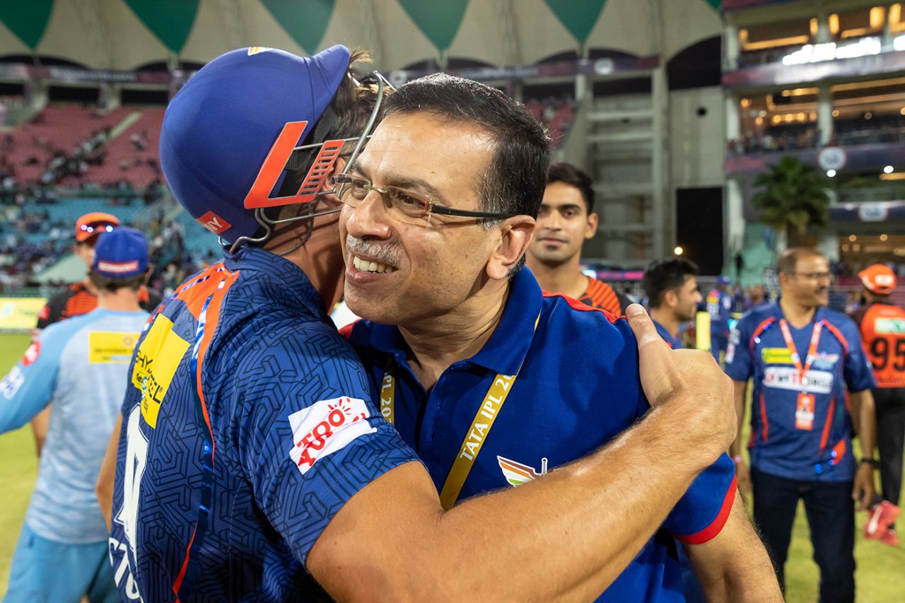 Marcus Stoinis celebrates with LSG owner Sanjiv Goenka, Lucknow Super Giants vs Sunrisers Hyderabad, IPL 2023, Lucknow, April 7, 2023