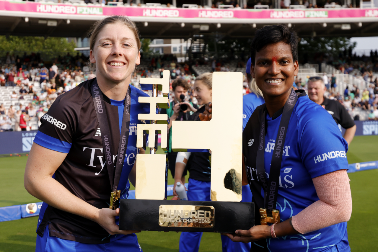 Heather Knight and Deepti Sharma with the Women's Hundred trophy, Welsh Fire vs London Spirit, Women's Hundred final, Lord's, August 18, 2024