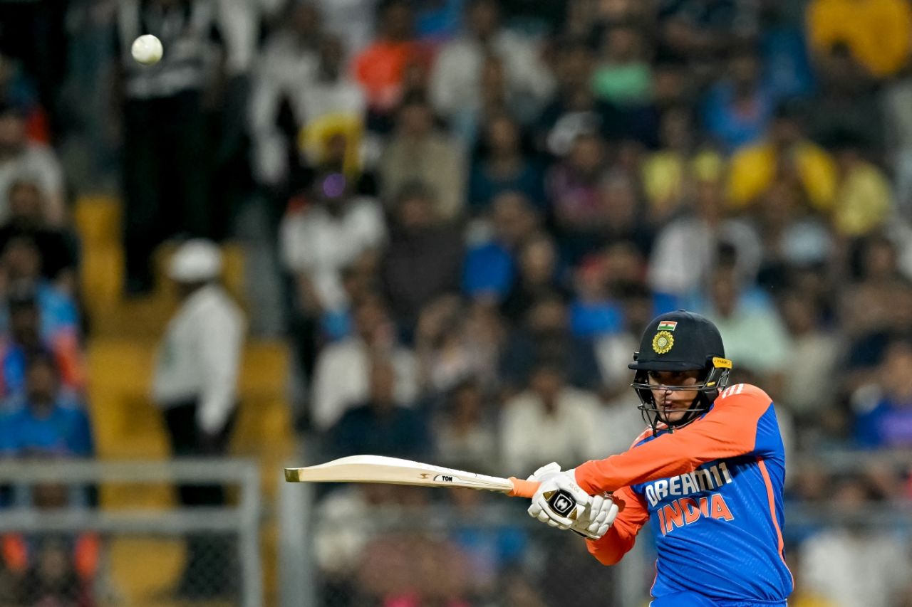 Abhishek Sharma climbed into England's bowling during the powerplay, India vs England, 5th T20I, Wankhede Stadium, Mumbai, February 2, 2025