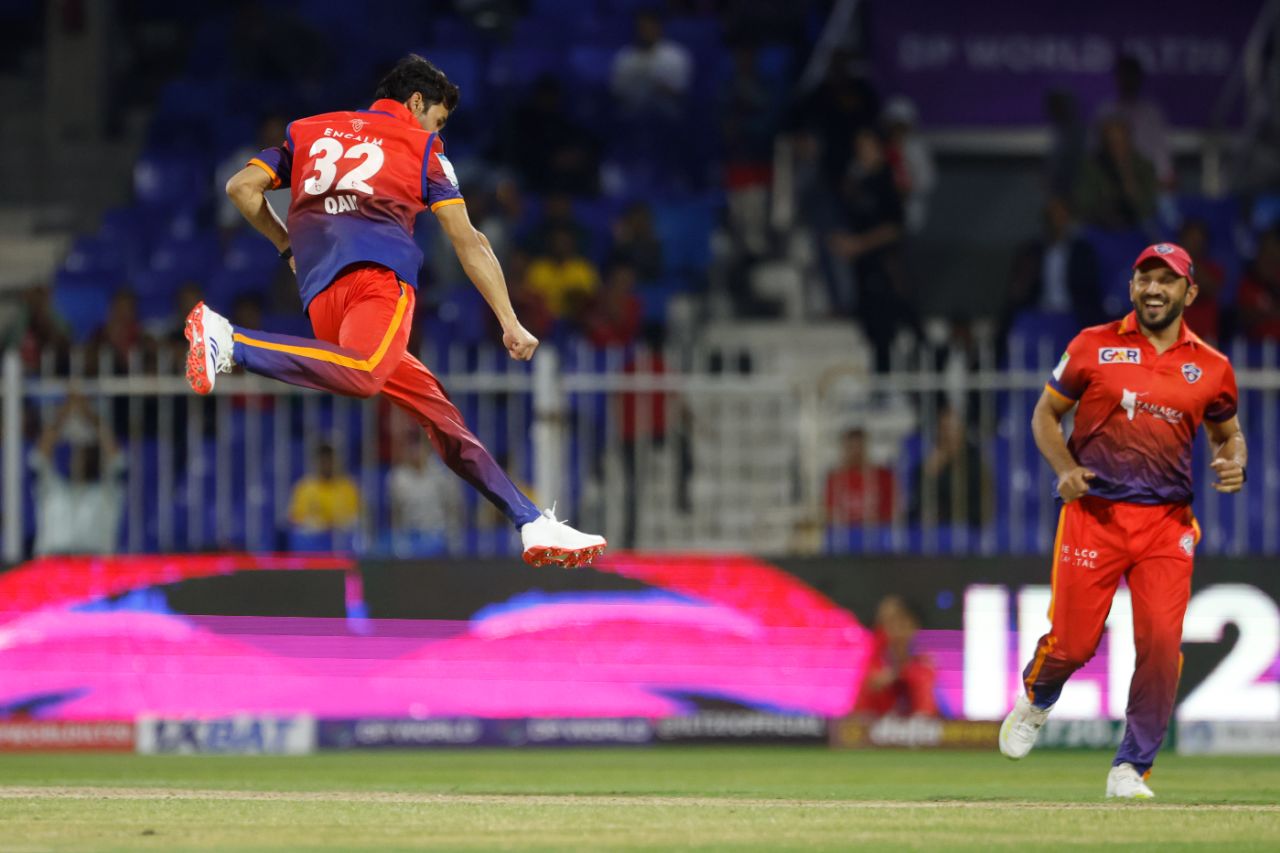 Qais Ahmad exults on his way to figures of 4-0-25-4, Desert Vipers vs Dubai Capitals, ILT20, Sharjah, February 3, 2025