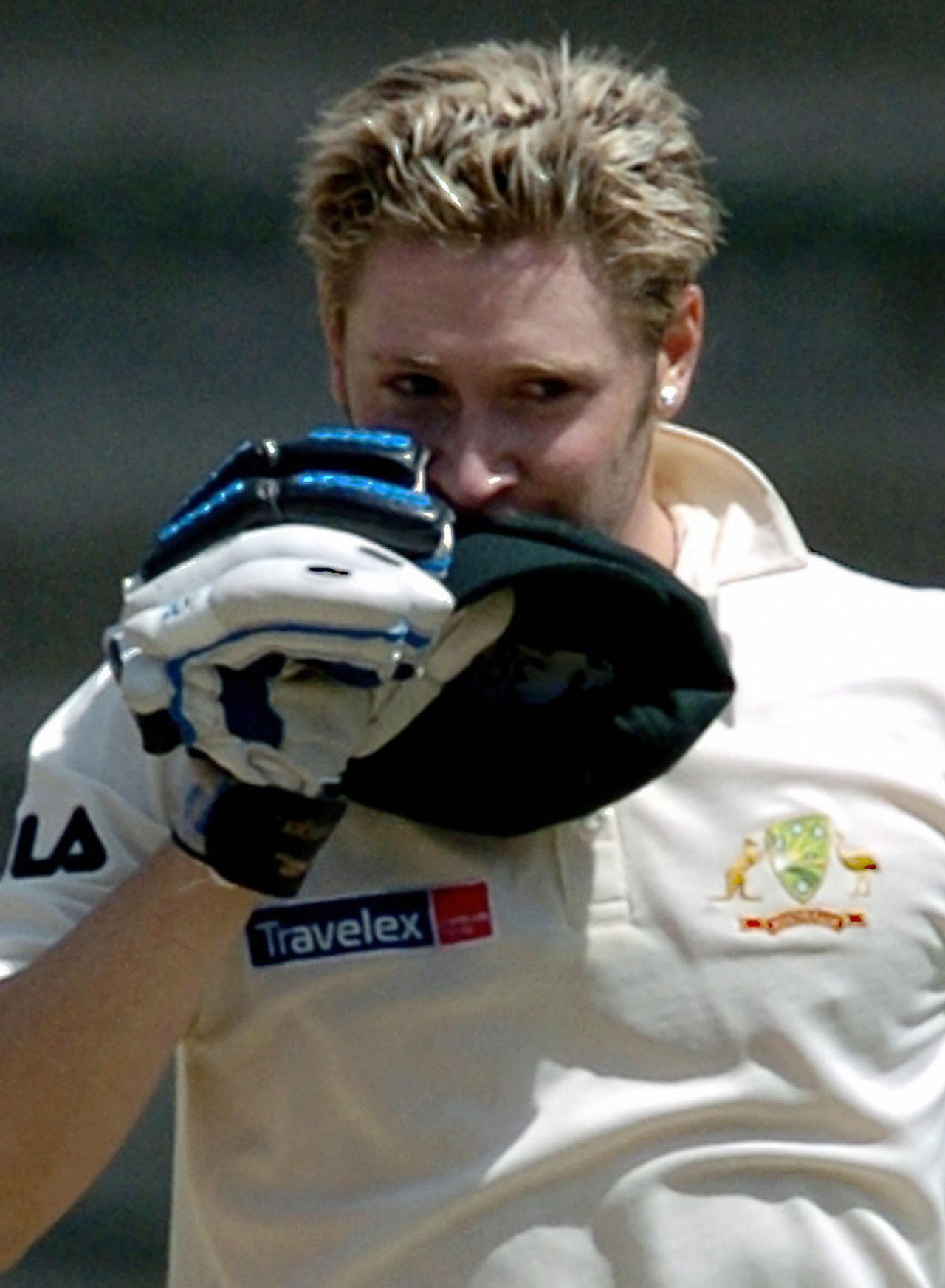 Michael Clarke kisses the baggy green after scoring a century on Test debut, Australia v India, 1st Test, Bangalore, 1st day, October 7, 2004