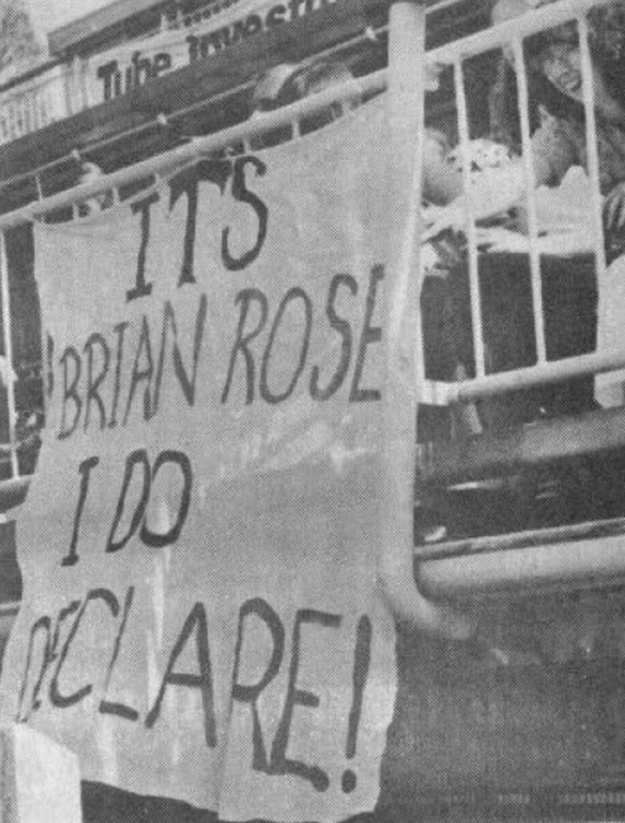 Brian Rose ribbed by spectators following his controversial declaration, May 1979