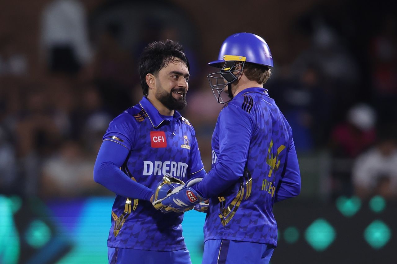 Rashid Khan celebrates a wicket, MI Cape Town vs Paarl Royals, SA20, Gqeberha, February 4, 2025
