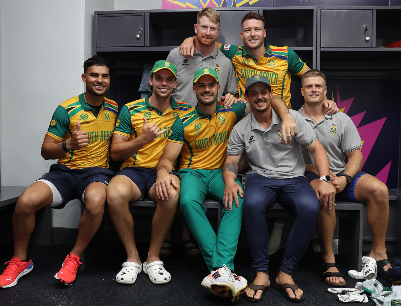 Back row (from left): Heinrich Klaasen, David Miller. Front row: Reeza Hendricks,Tristan Stubbs, Aiden Markram, Quinton de Kock and Ryan Rickelton celebrate the semi-final win in the dressing room, Afghanistan vs South Africa, 1st semi-final, Tarouba, T20 World Cup, June 26, 2024