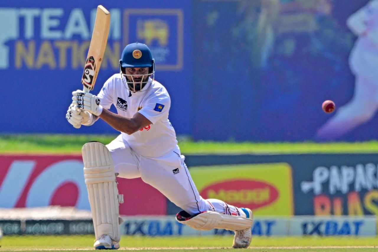 Dimuth Karunaratne drives through the offside, Sri Lanka vs Australia, 2nd Test, Galle, 1st day, February 6, 2025