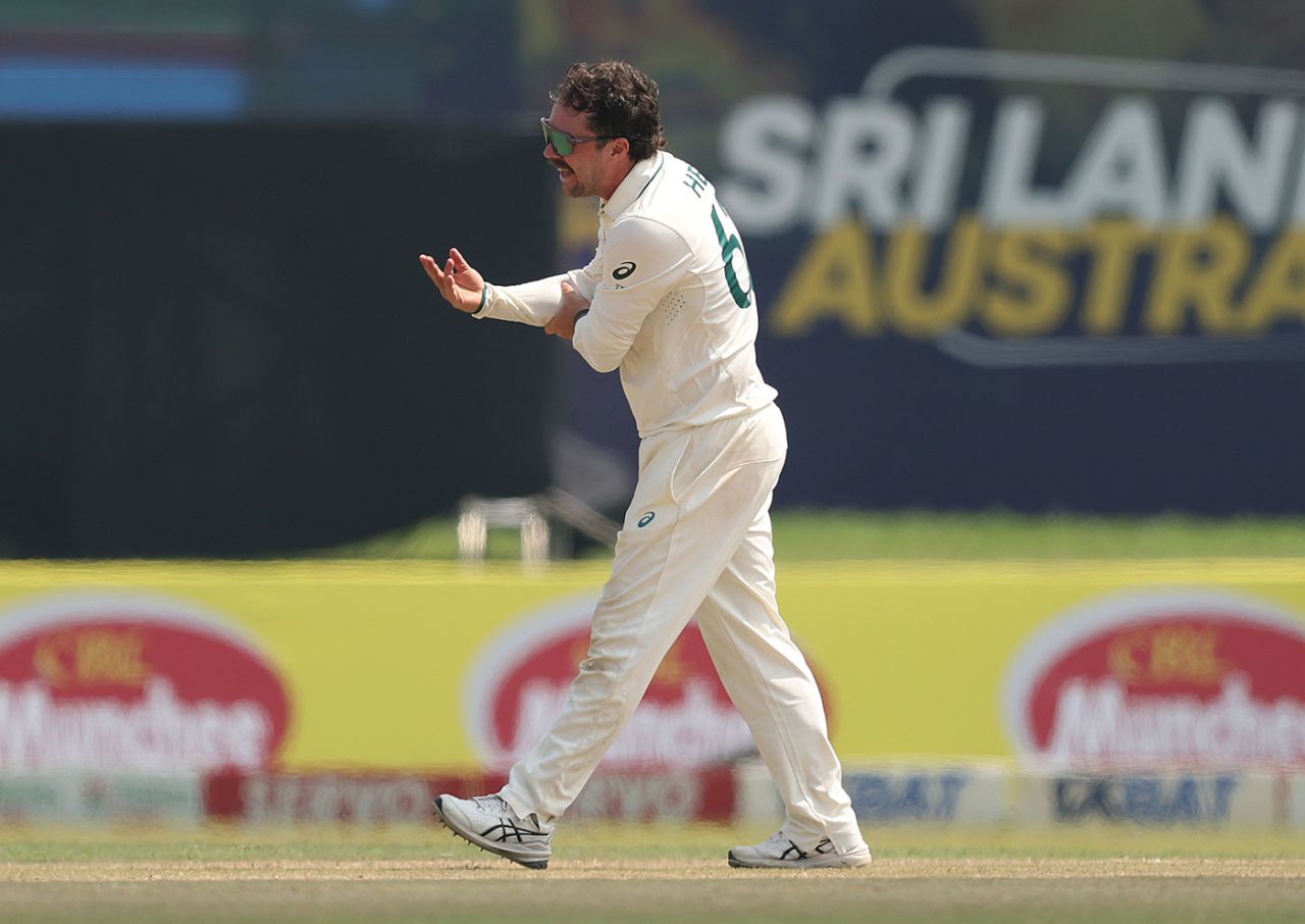 That magic spinner finger: Travis Head celebrates the wicket of Kamindu Mendis, Sri Lanka vs Australia, 2nd Test, Galle, 1st day, February 6, 2025