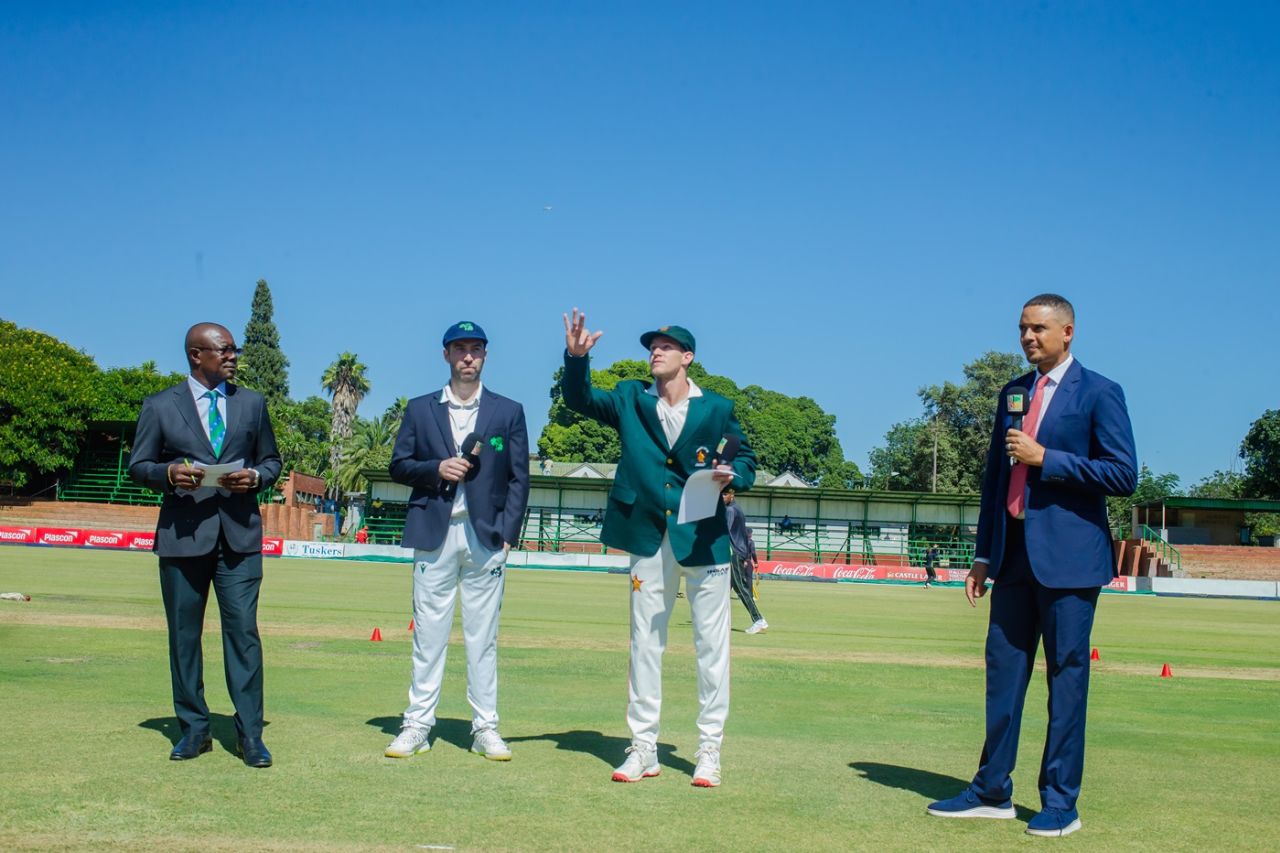 Johnathan Campbell tosses the coin as he was named captain on Test debut, Zimbabwe vs Ireland, Only Test, Day 1, Bulawayo, February 6, 2025