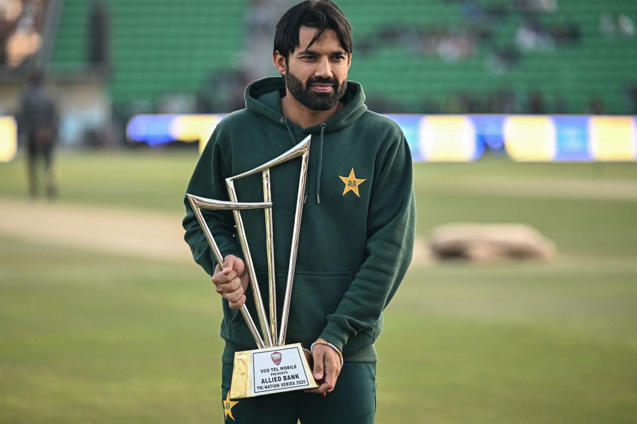 Mohammad Rizwan poses with the tri-series trophy, Pakistan vs New Zealand, 1st game, Pakistan tri-series, Lahore, February 7, 2025