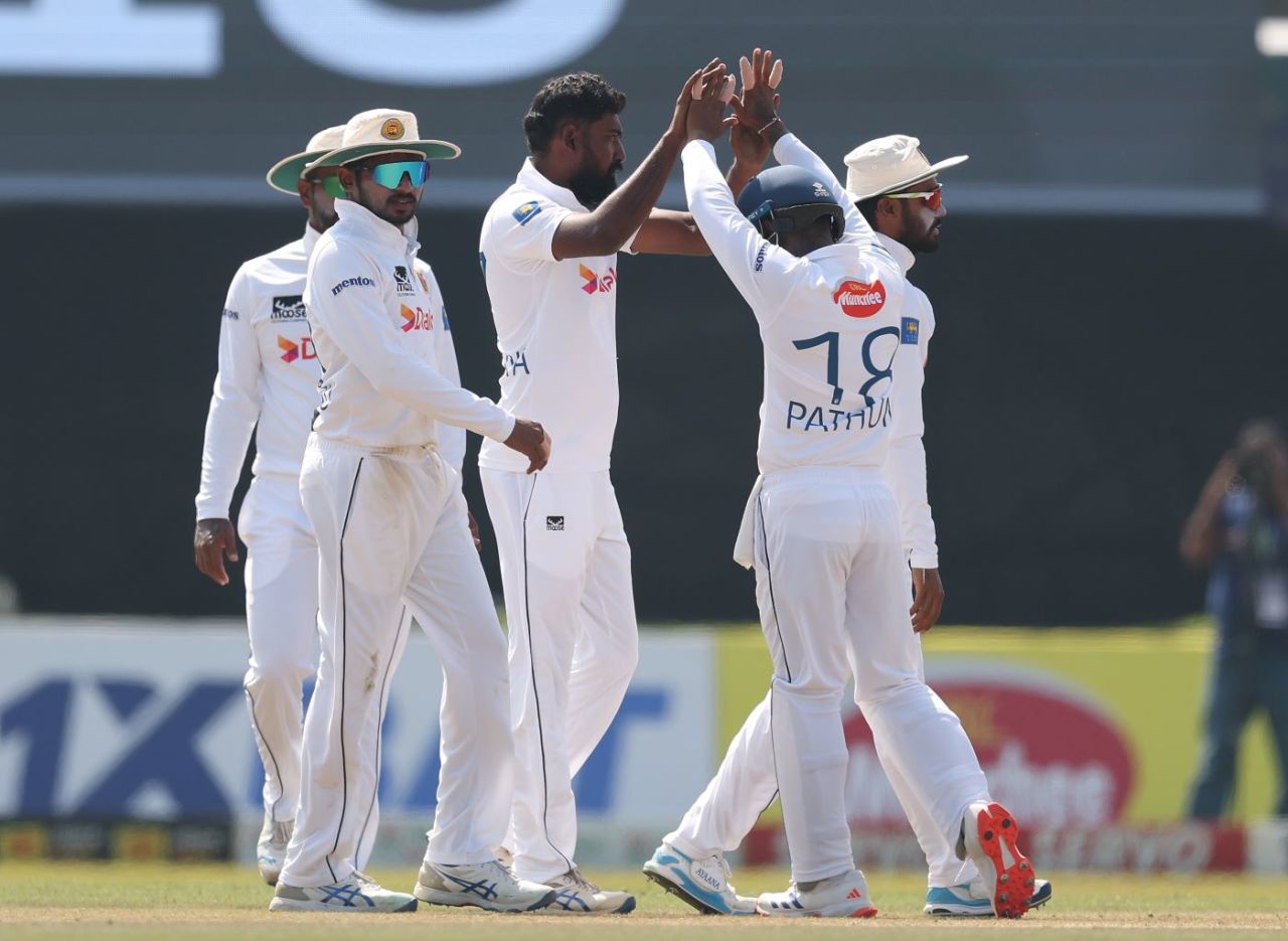 Prabath Jayasuriya celebrates a wicket, Sri Lanka vs Australia, 2nd Test, Galle, 3rd day, February 8, 2025