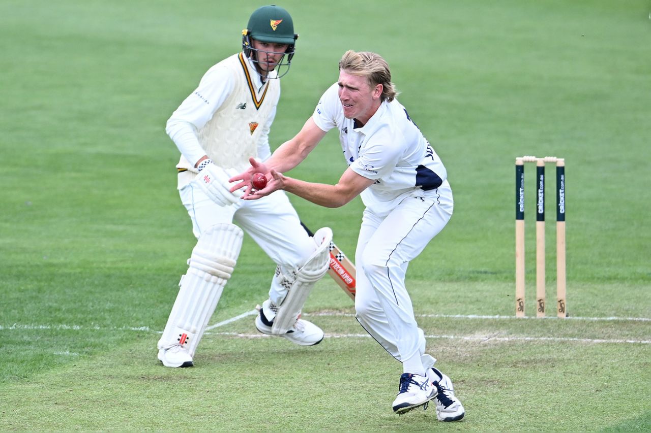 Will Sutherland takes a return catch, Tasmania vs Victoria, Sheffield Shield, Hobart, February 8, 2025