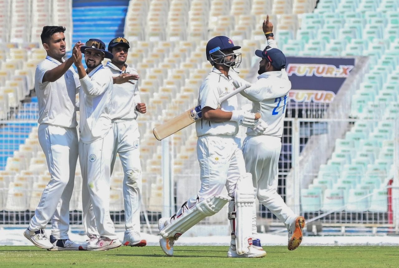 Anshul Kamboj picked three wickets, including the key scalp of Ajinkya Rahane, Haryana vs Mumbai, first day, Ranji Trophy 2024-25, Kolkata, February 8, 2025
